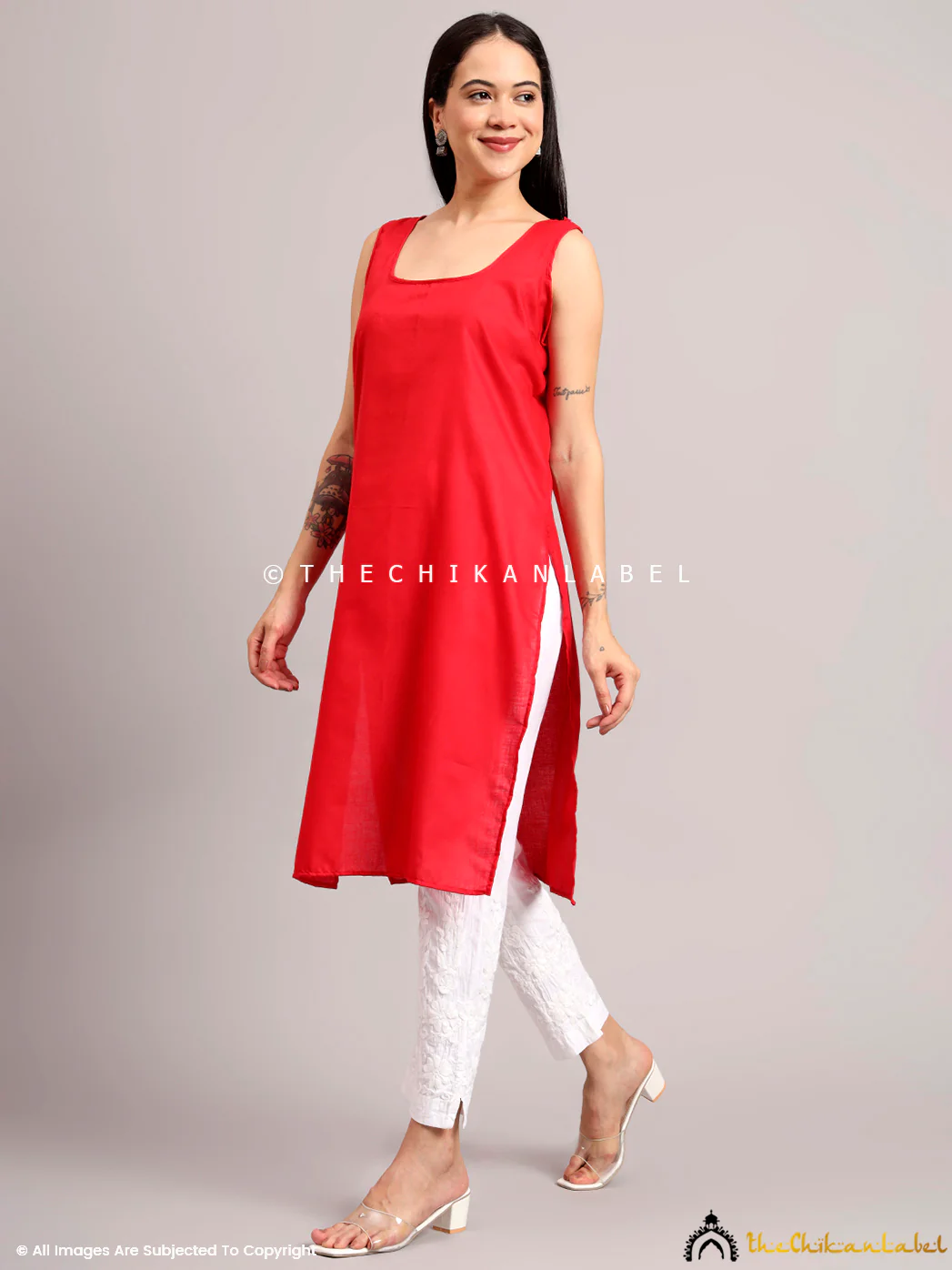 Jaanvi Georgette Chikankari Angrakha - Red - Image 7