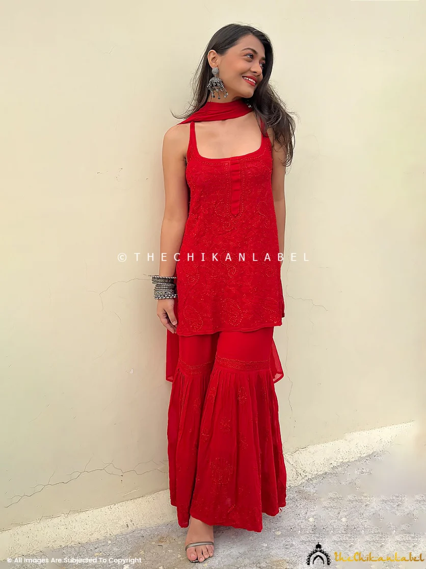 Jia Viscose Chikankari Strappy Kurta Set with Dupatta - Red - Image 3