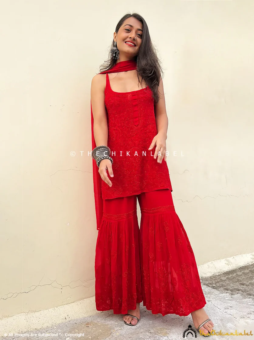 Jia Viscose Chikankari Strappy Kurta Set with Dupatta - Red - Image 4