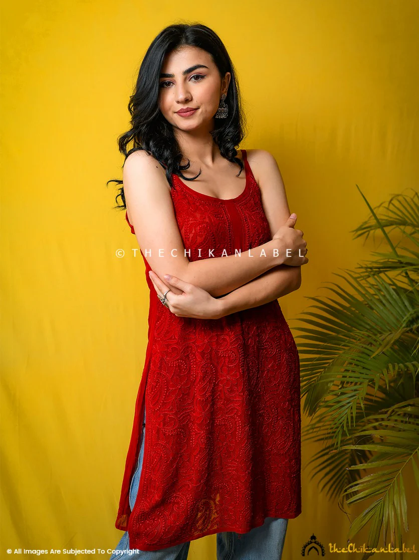Red Jia Viscose Chikankari Strappy Short Kurta - Image 3
