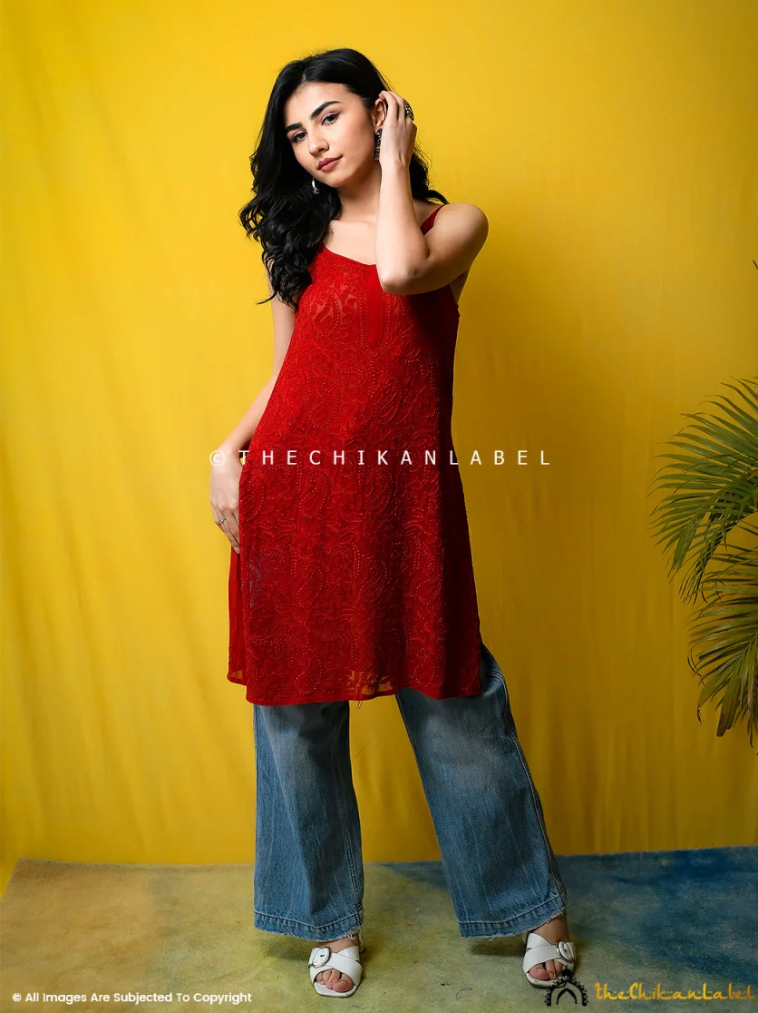 Red Jia Viscose Chikankari Strappy Short Kurta - Image 4