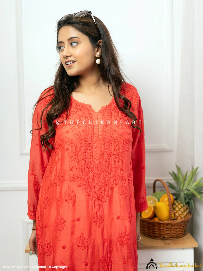 Jivika Muslin Chikankari Straight Kurti-Red - Image 2