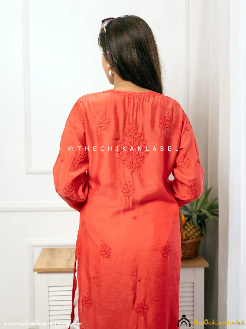 Jivika Muslin Chikankari Straight Kurti-Red - Image 3