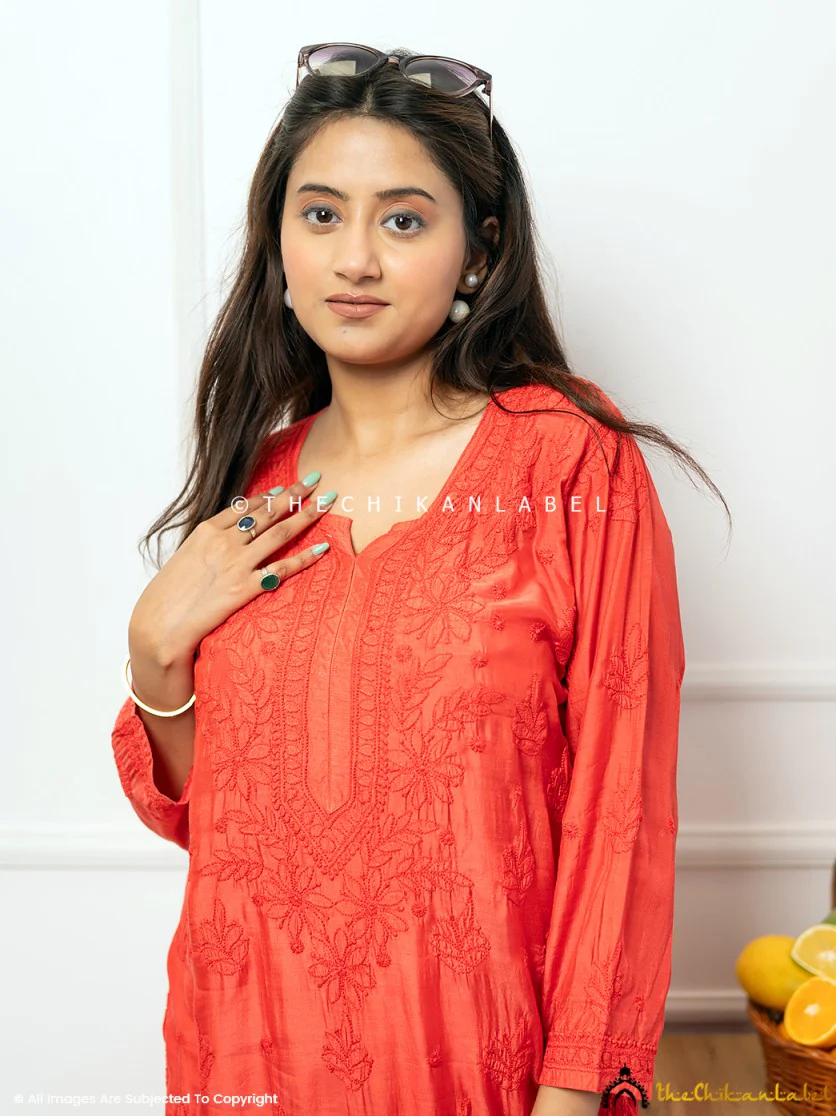 Jivika Muslin Chikankari Straight Kurti-Red - Image 4