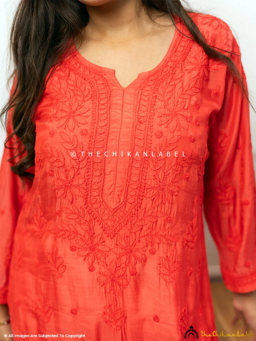 Jivika Muslin Chikankari Straight Kurti-Red - Image 5