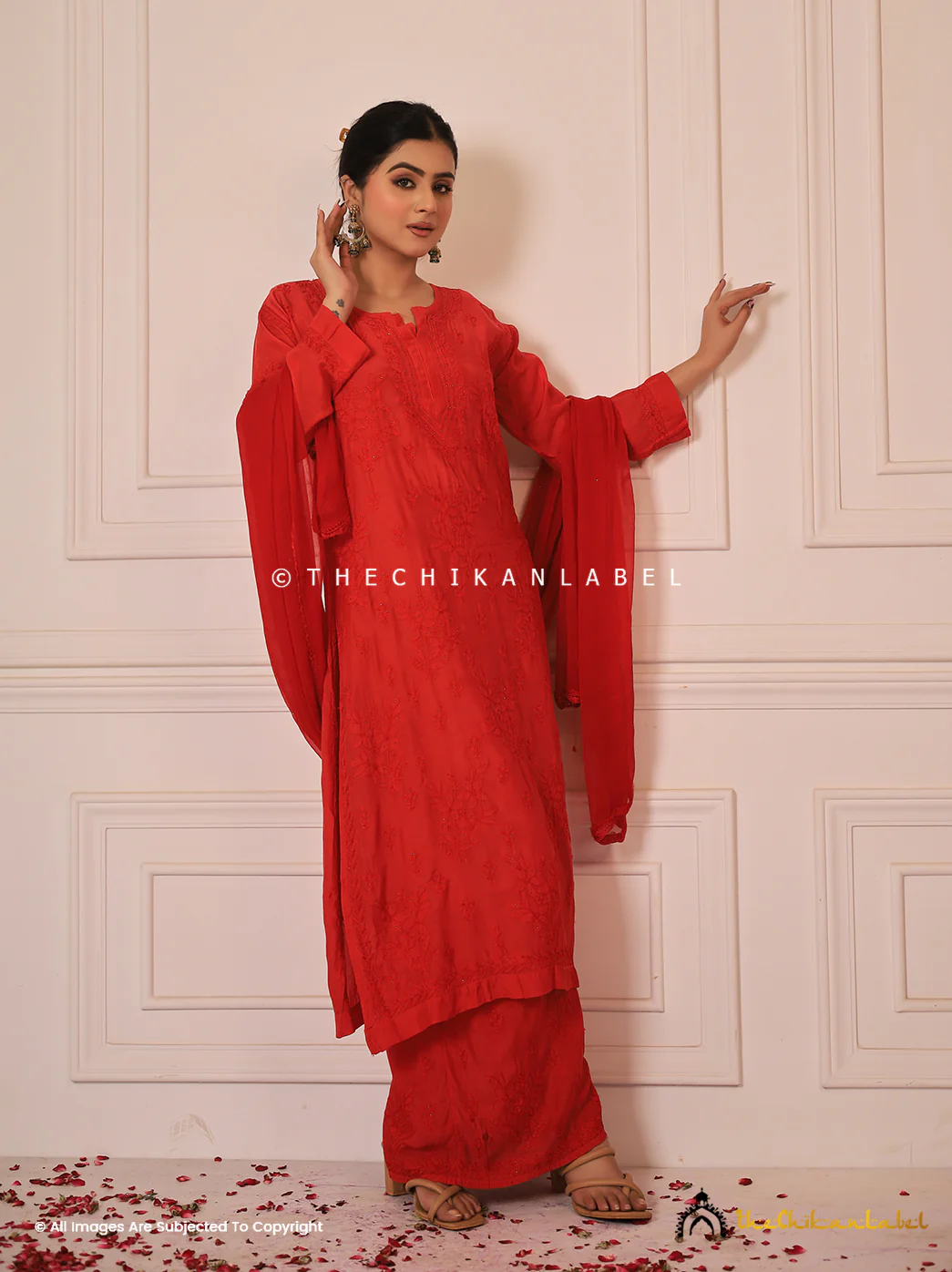 Karima Muslin Chikankari Straight Kurta Set with Dupatta -Red - Image 10