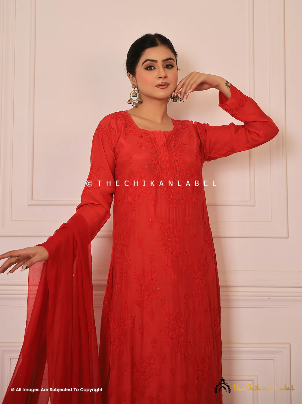 Karima Muslin Chikankari Straight Kurta Set with Dupatta -Red - Image 11