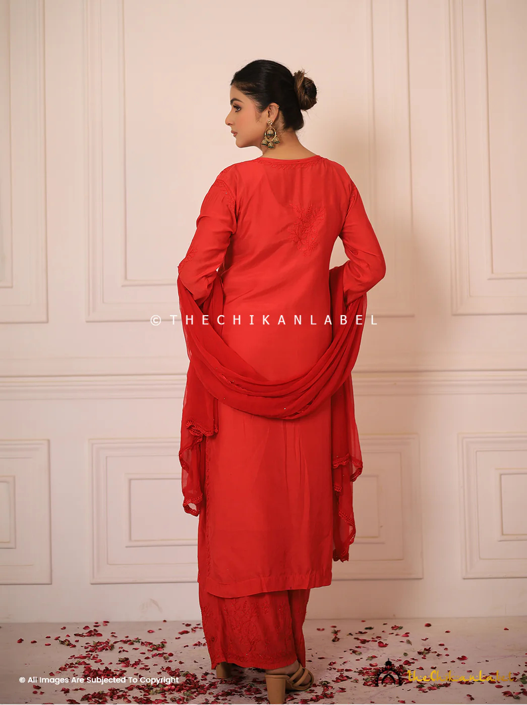 Karima Muslin Chikankari Straight Kurta Set with Dupatta -Red - Image 12