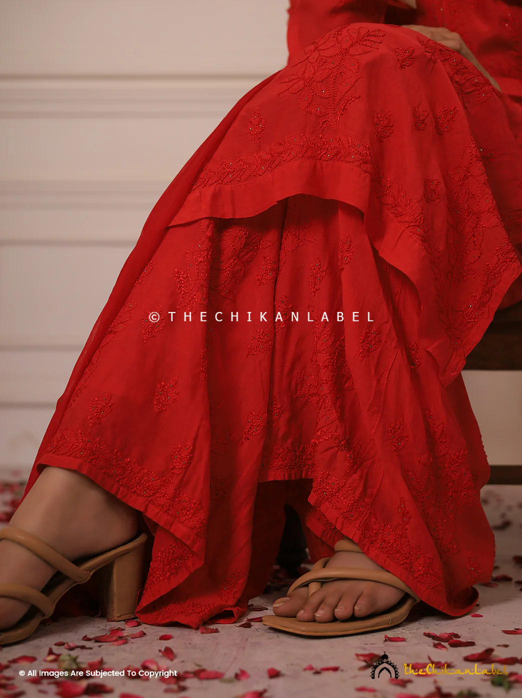 Karima Muslin Chikankari Straight Kurta Set with Dupatta -Red - Image 14