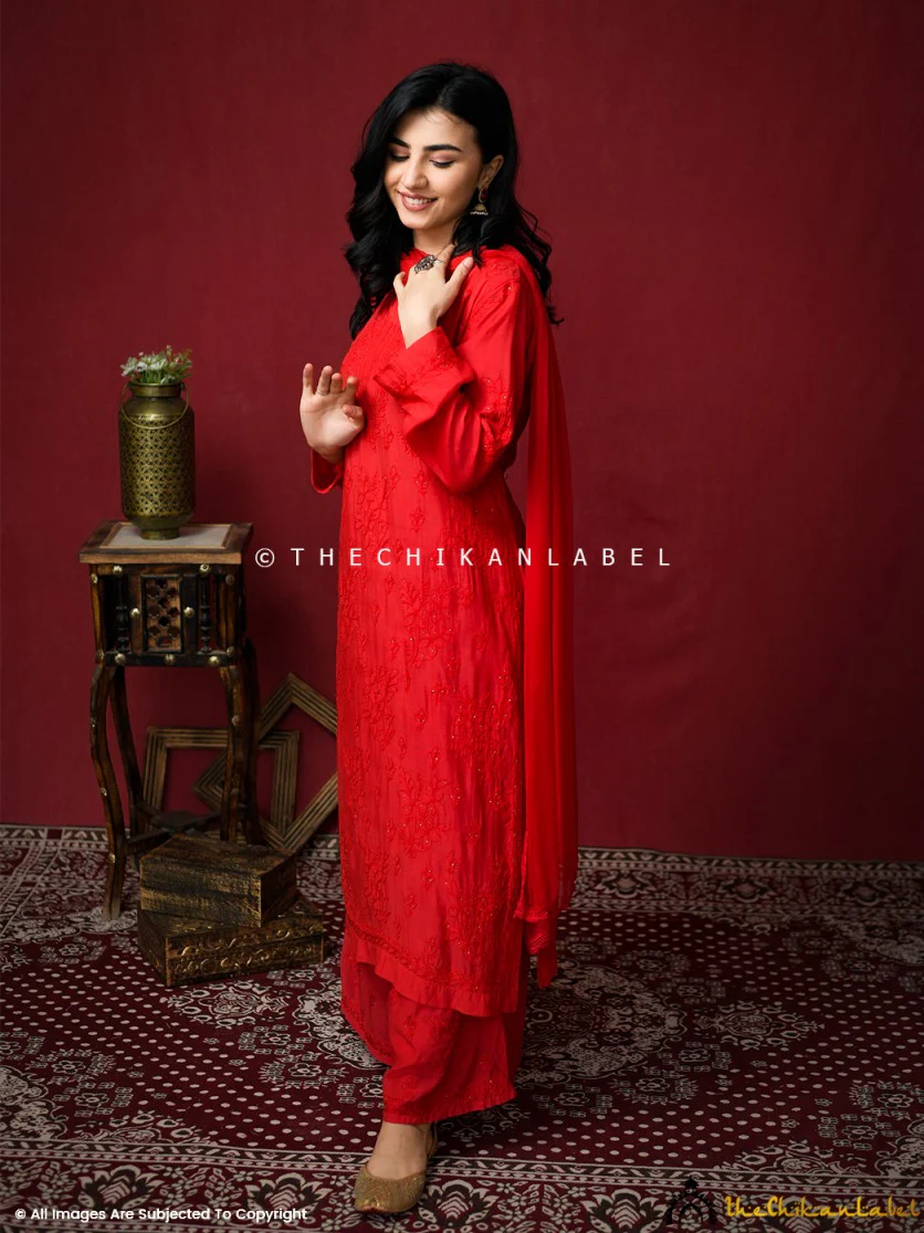 Karima Muslin Chikankari Straight Kurta Set with Dupatta -Red - Image 15