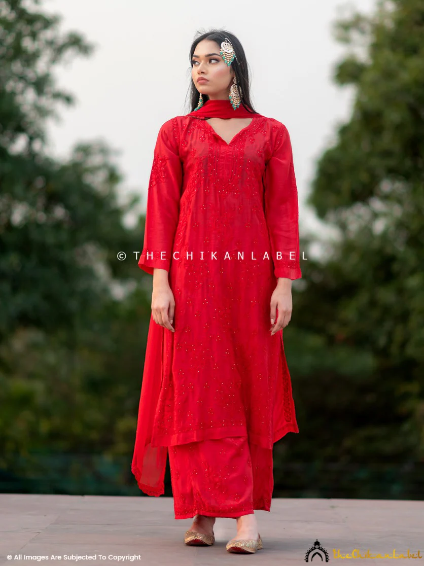 Karima Muslin Chikankari Straight Kurta Set with Dupatta -Red - Image 2
