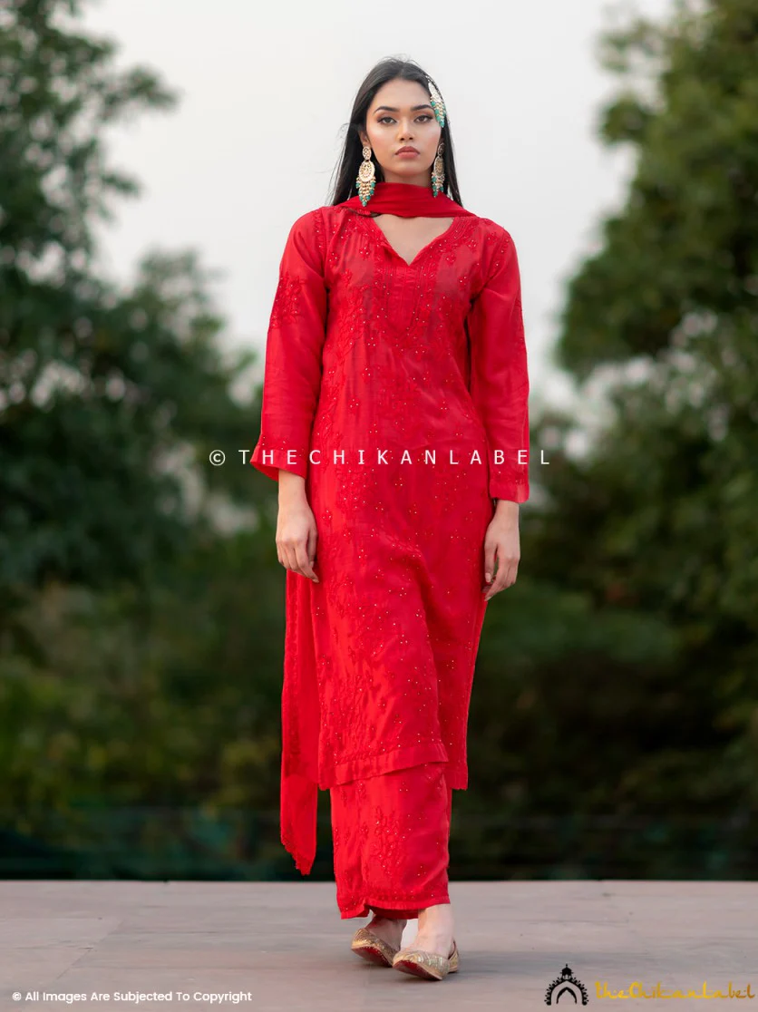 Karima Muslin Chikankari Straight Kurta Set with Dupatta -Red - Image 3