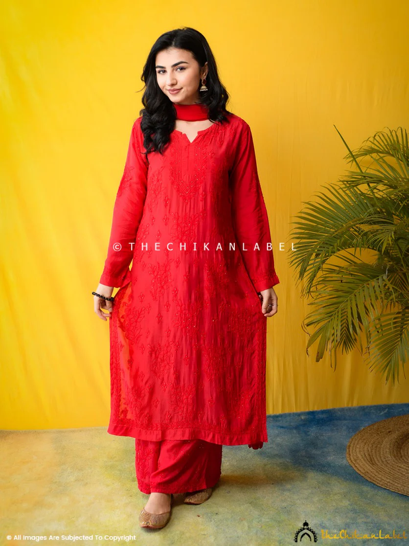 Karima Muslin Chikankari Straight Kurta Set with Dupatta -Red - Image 4
