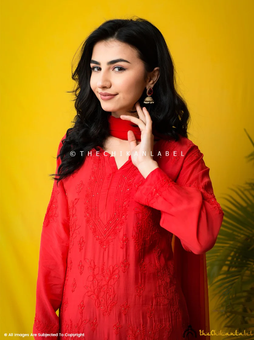 Karima Muslin Chikankari Straight Kurta Set with Dupatta -Red - Image 5