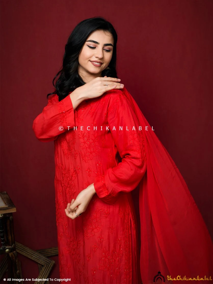 Karima Muslin Chikankari Straight Kurta Set with Dupatta -Red - Image 6