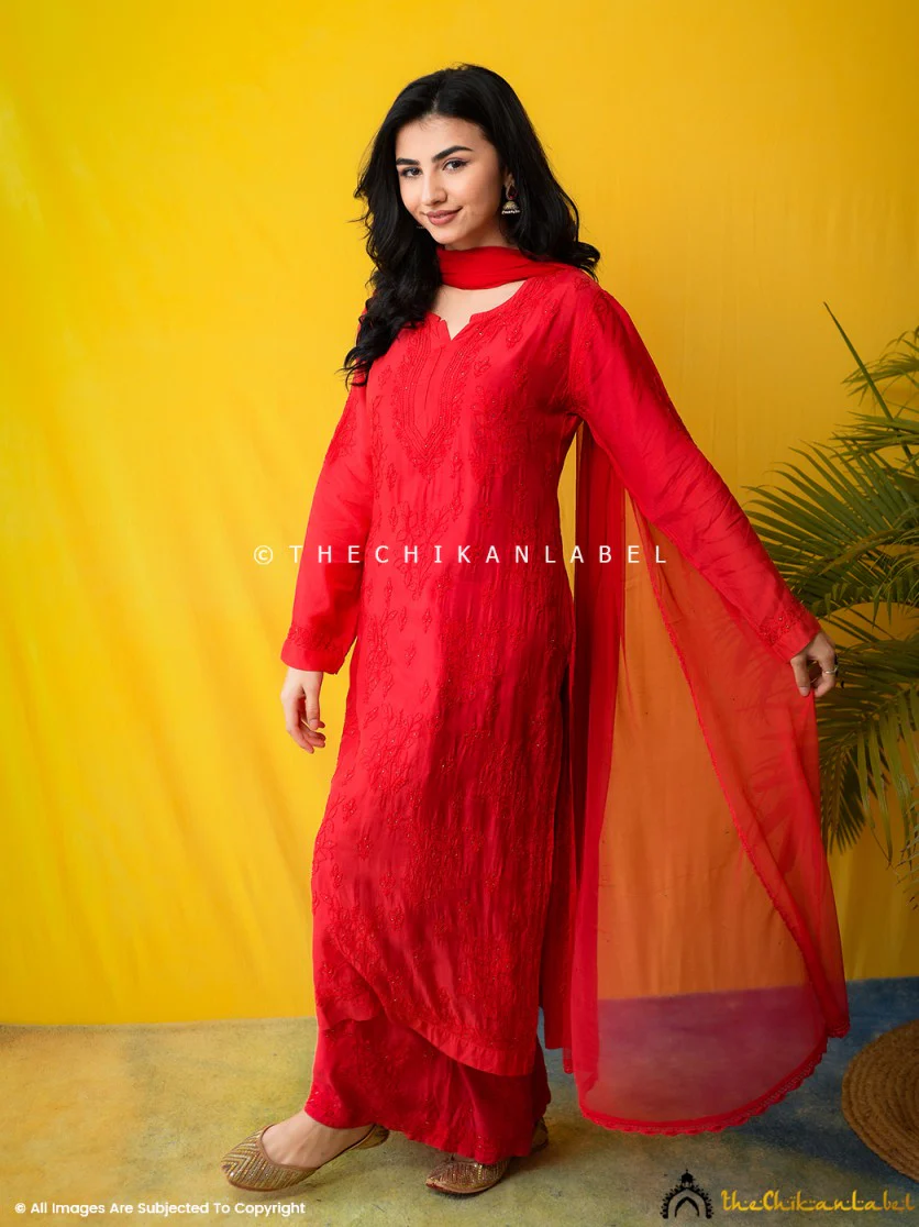 Karima Muslin Chikankari Straight Kurta Set with Dupatta -Red - Image 7
