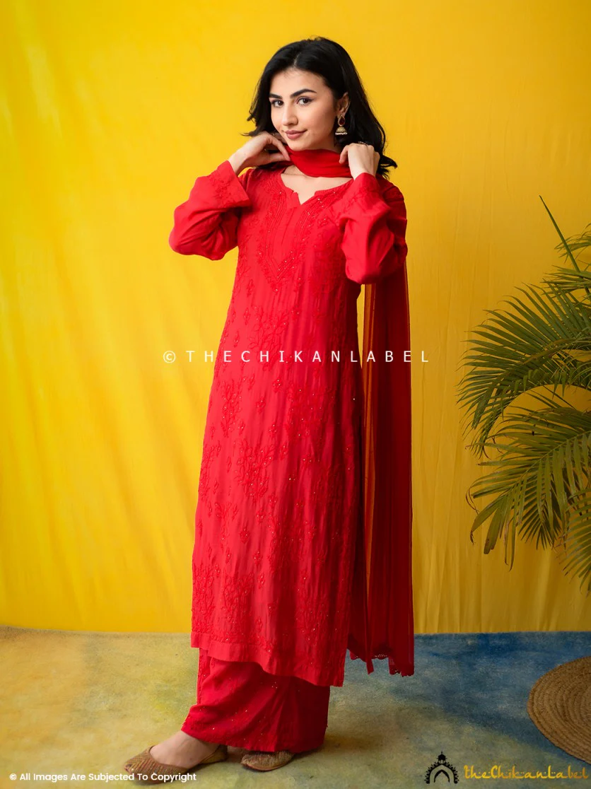 Karima Muslin Chikankari Straight Kurta Set with Dupatta -Red - Image 8