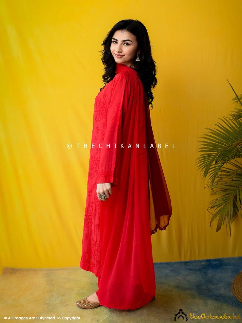 Karima Muslin Chikankari Straight Kurta Set with Dupatta -Red - Image 9