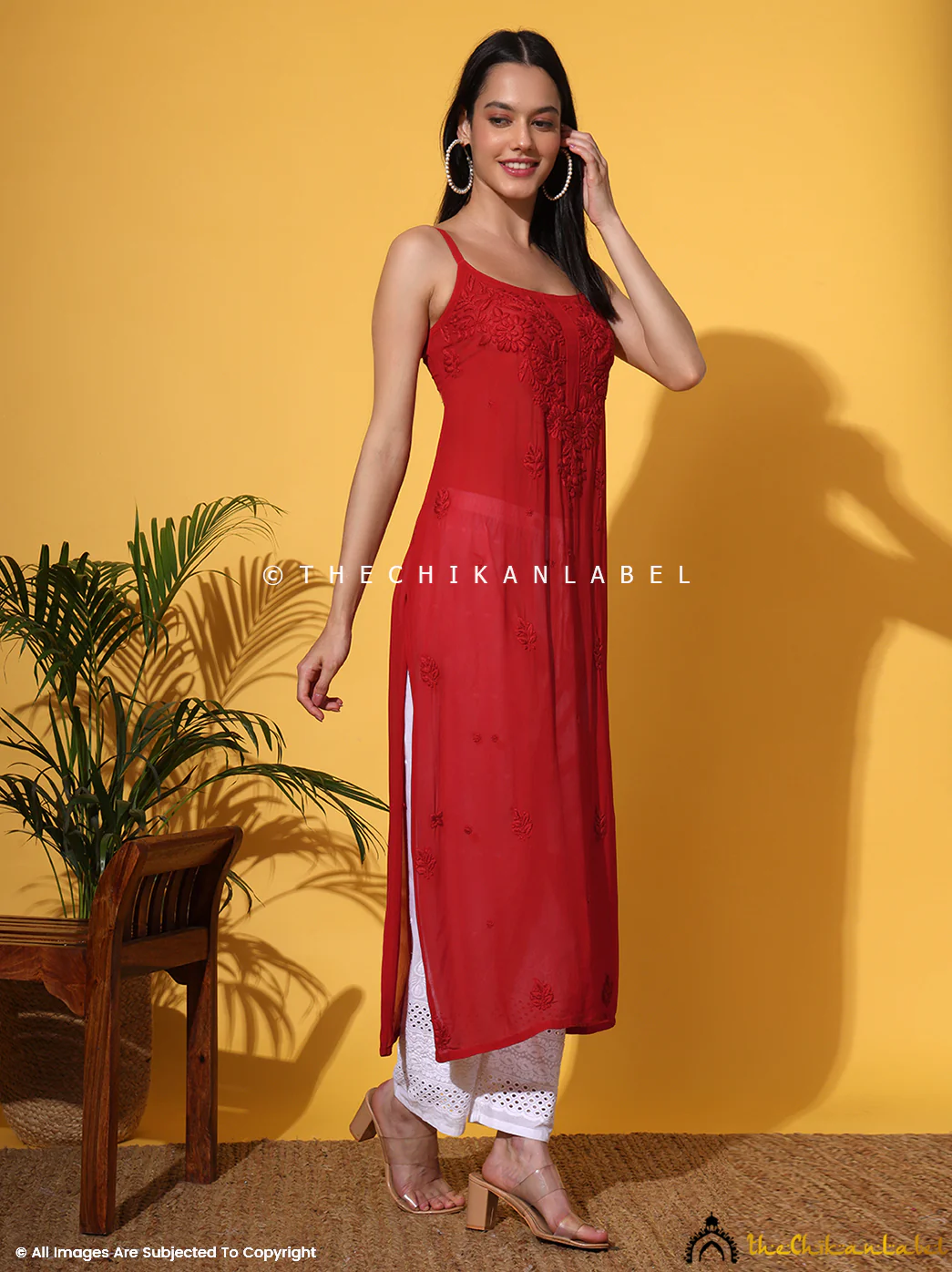Red Lehza Viscose Chikankari Strappy Kurta - Image 10