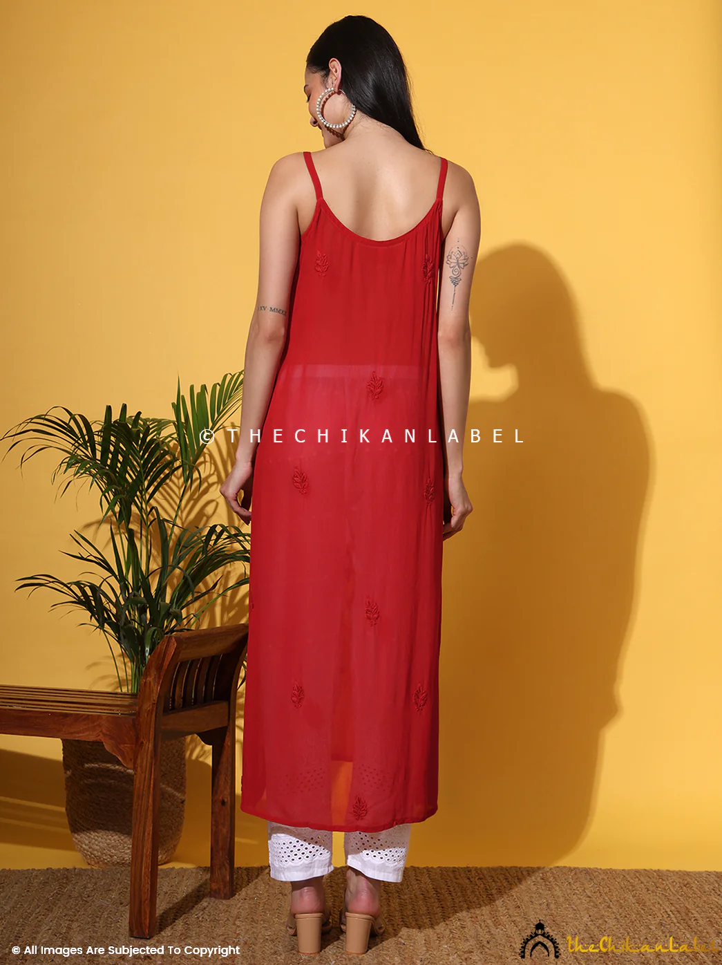 Red Lehza Viscose Chikankari Strappy Kurta - Image 3