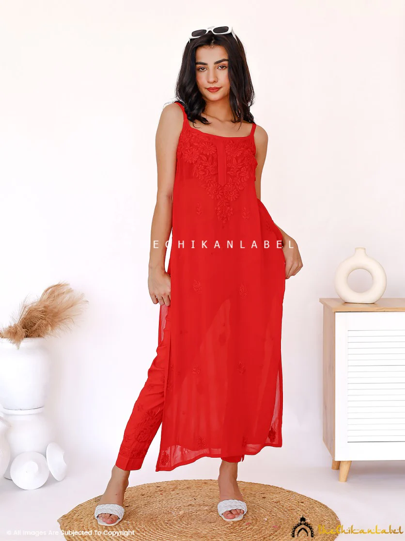 Red Lehza Viscose Chikankari Strappy Kurta - Image 4