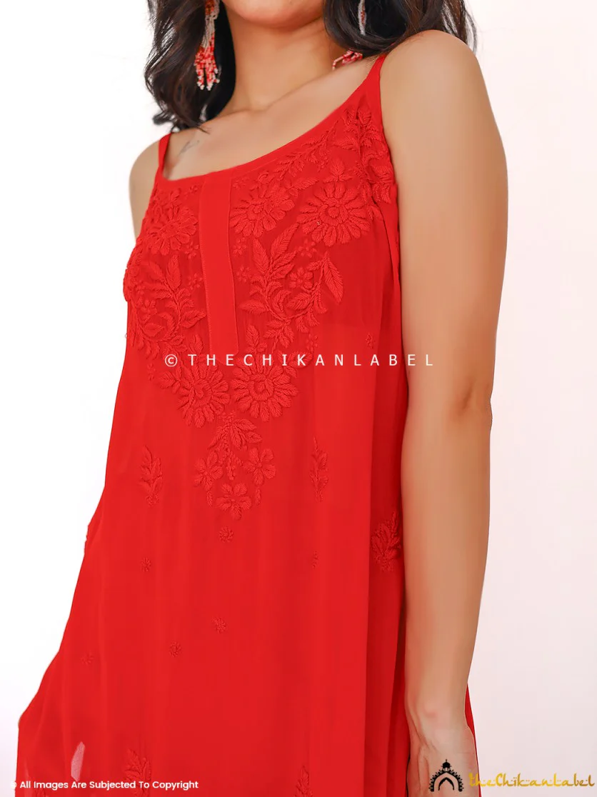 Red Lehza Viscose Chikankari Strappy Kurta - Image 5