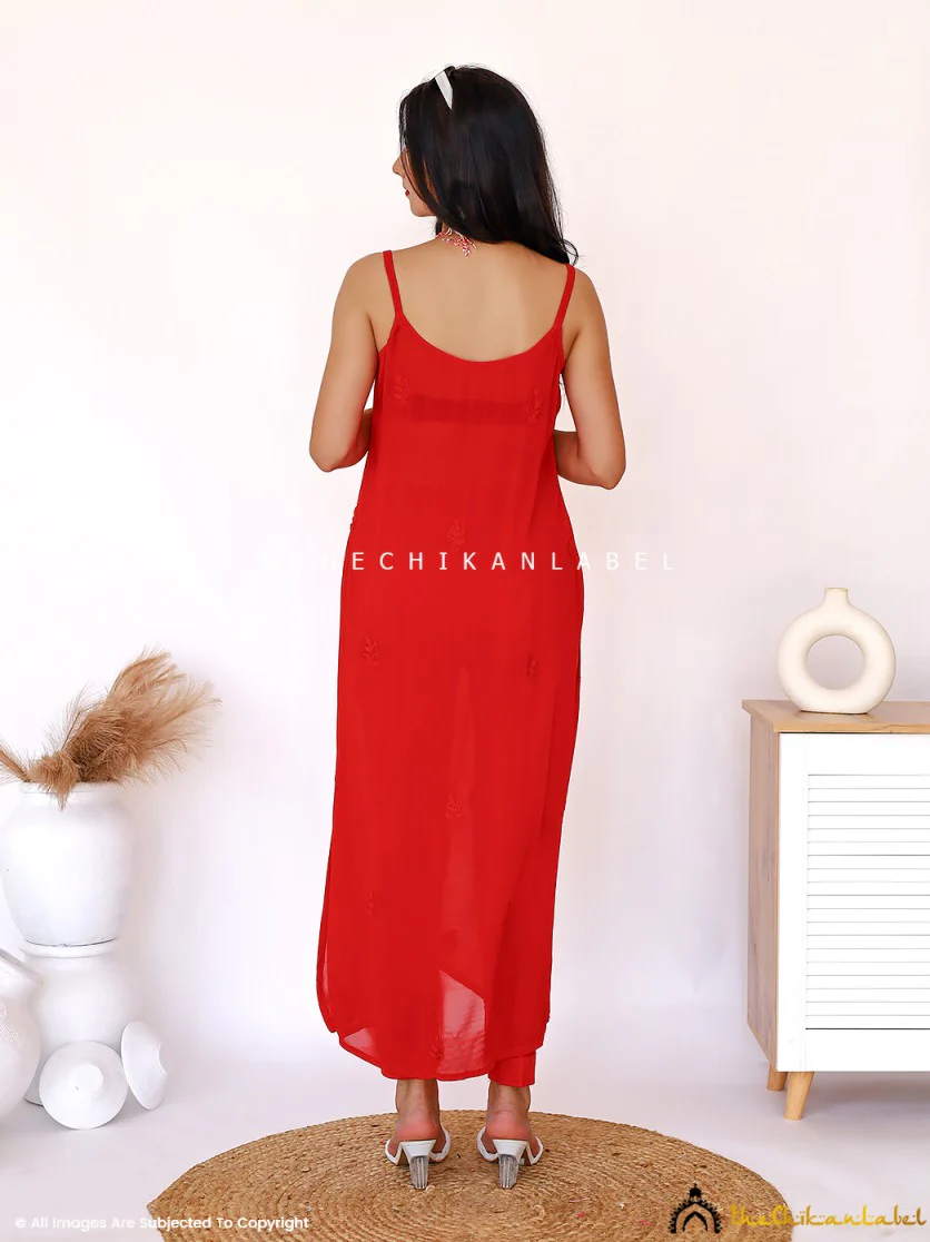 Red Lehza Viscose Chikankari Strappy Kurta - Image 6