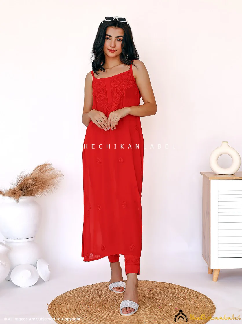 Red Lehza Viscose Chikankari Strappy Kurta - Image 7