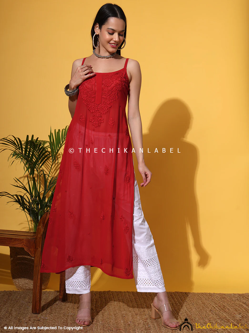 Red Lehza Viscose Chikankari Strappy Kurta - Image 8