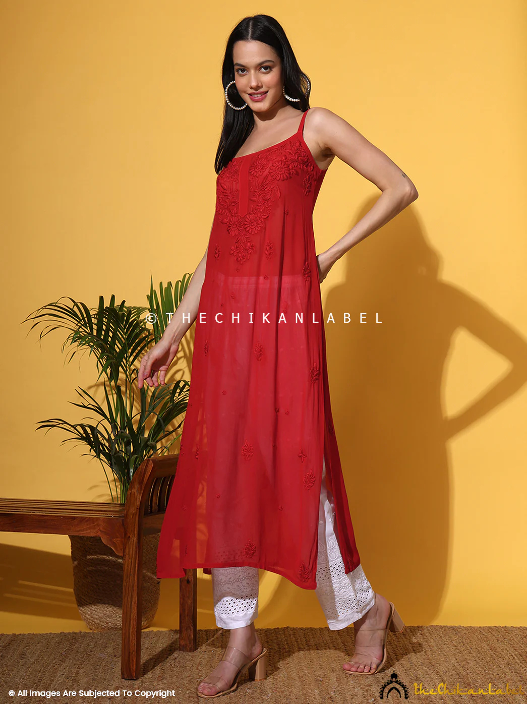 Red Lehza Viscose Chikankari Strappy Kurta - Image 9