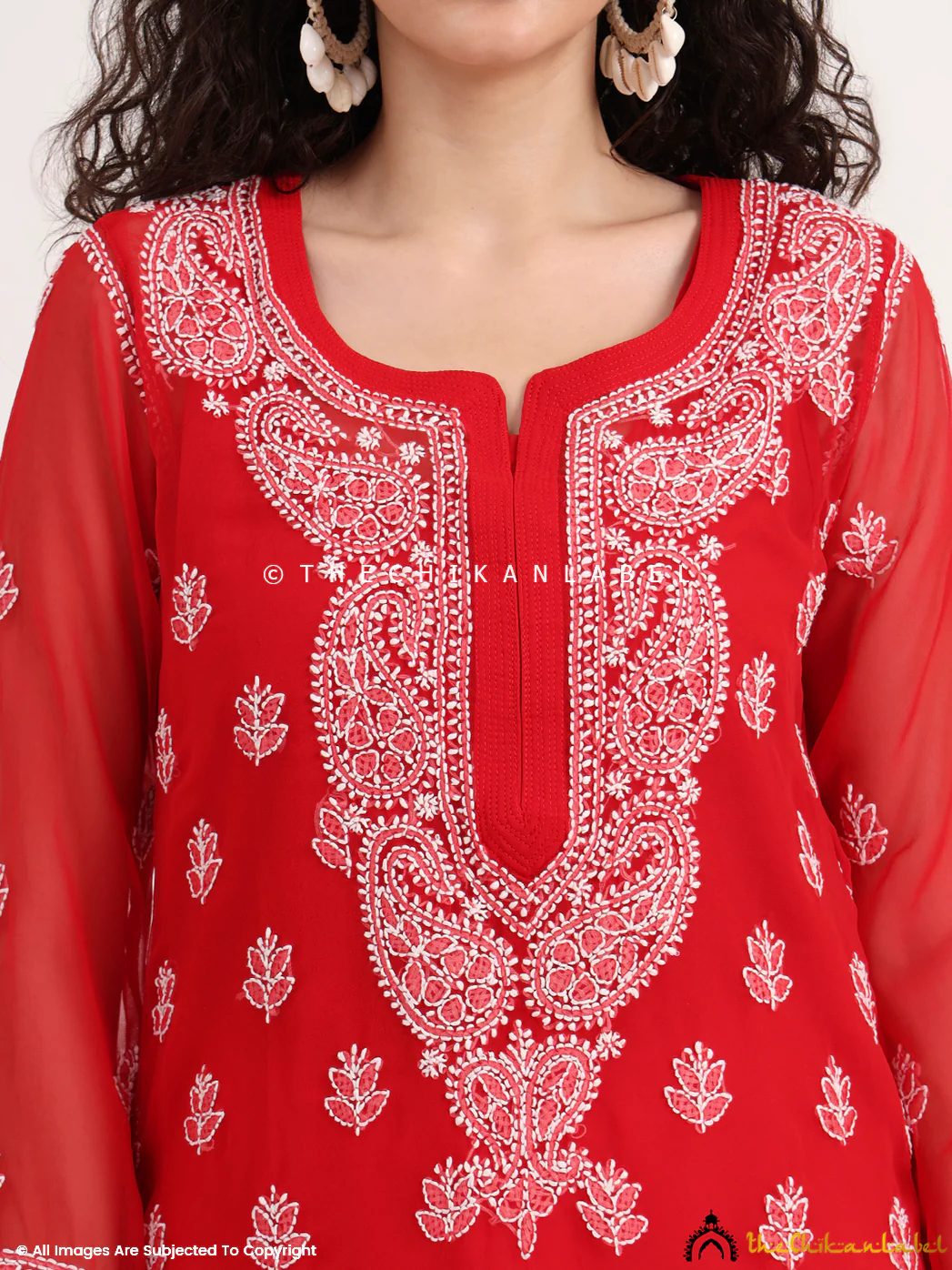 Mahak Georgette Chikankari Straight Kurti with Inner - Red - Image 2