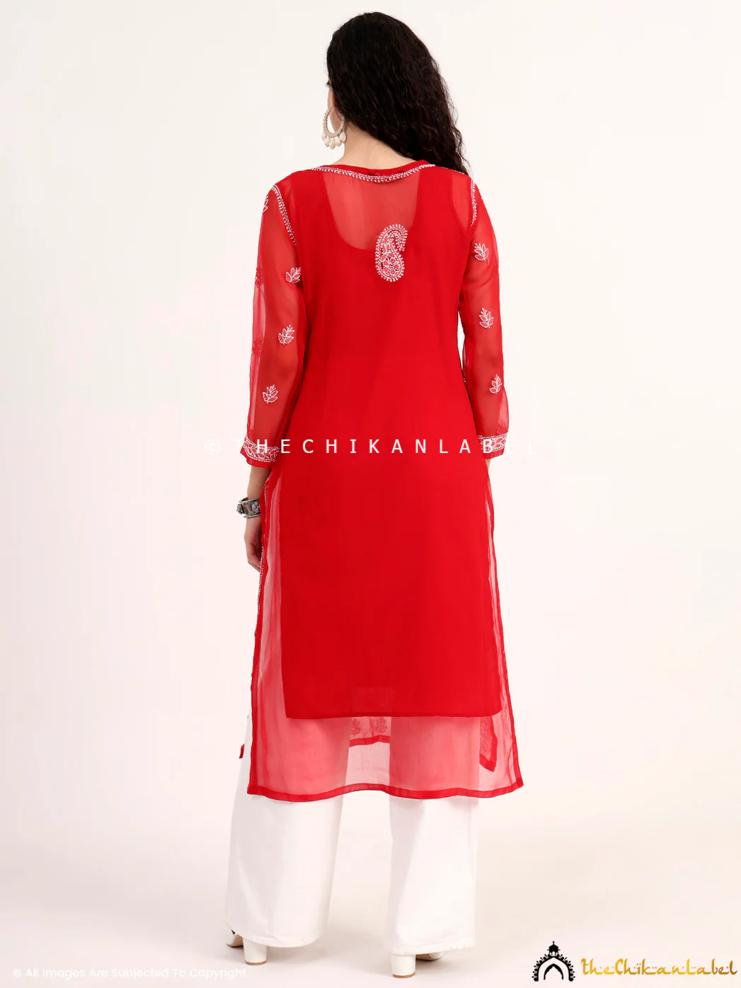 Mahak Georgette Chikankari Straight Kurti with Inner - Red - Image 3