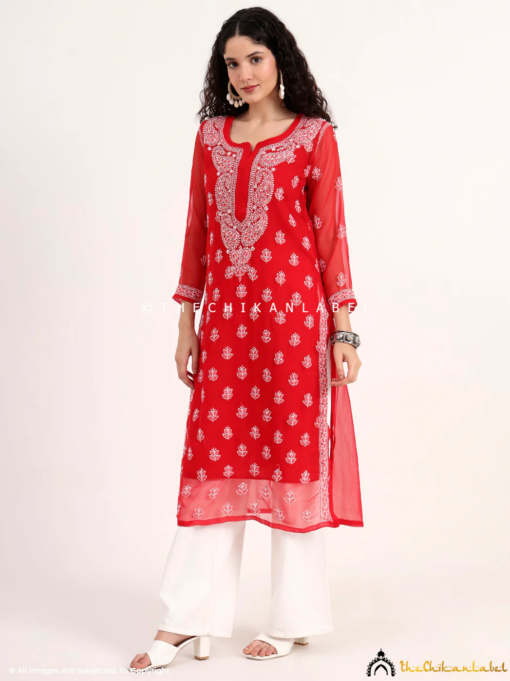 Mahak Georgette Chikankari Straight Kurti with Inner - Red - Image 4