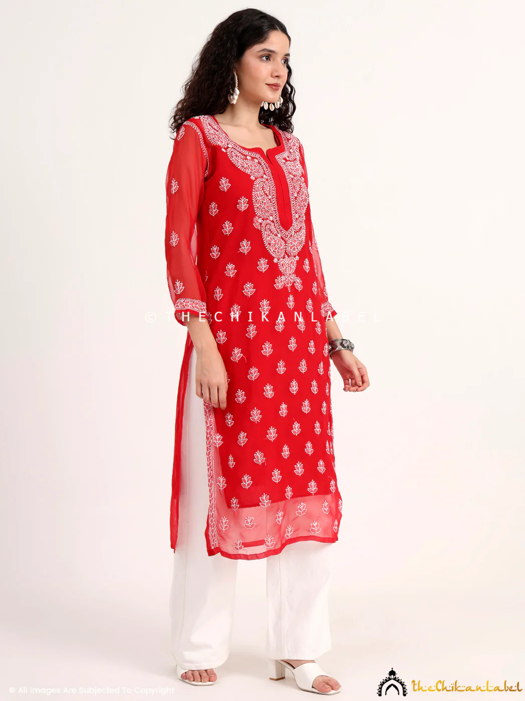 Mahak Georgette Chikankari Straight Kurti with Inner - Red - Image 5