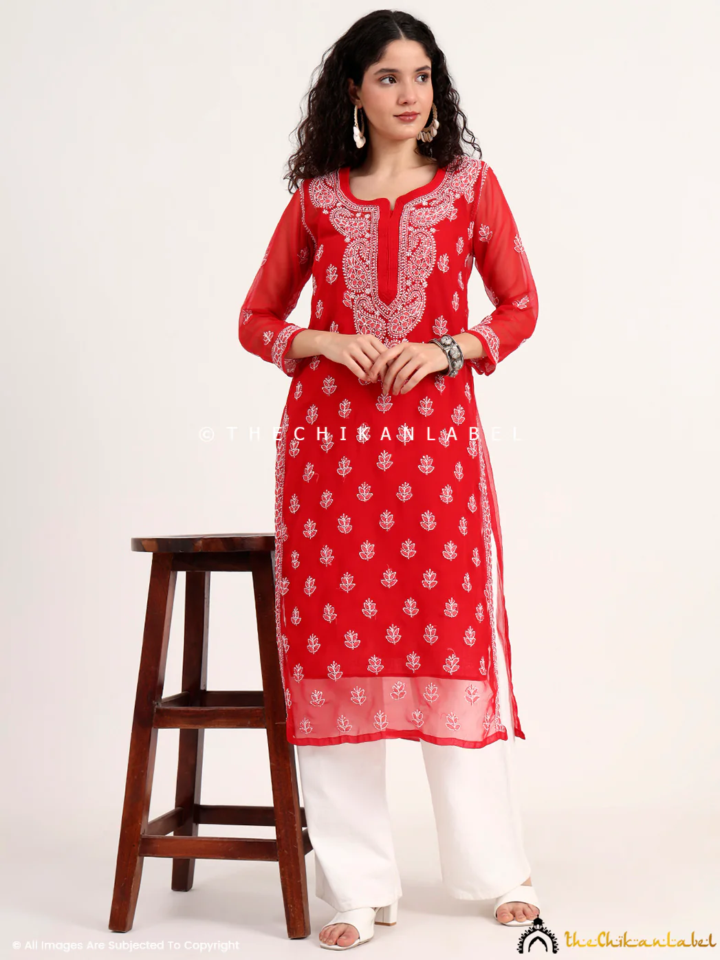 Mahak Georgette Chikankari Straight Kurti with Inner - Red - Image 6