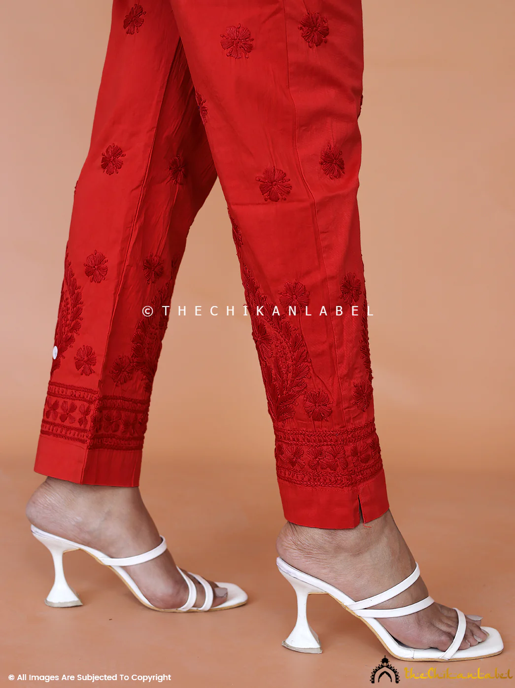 Mayuri Lycra Straight Chikankari Cigarette Pant - Red - Image 3