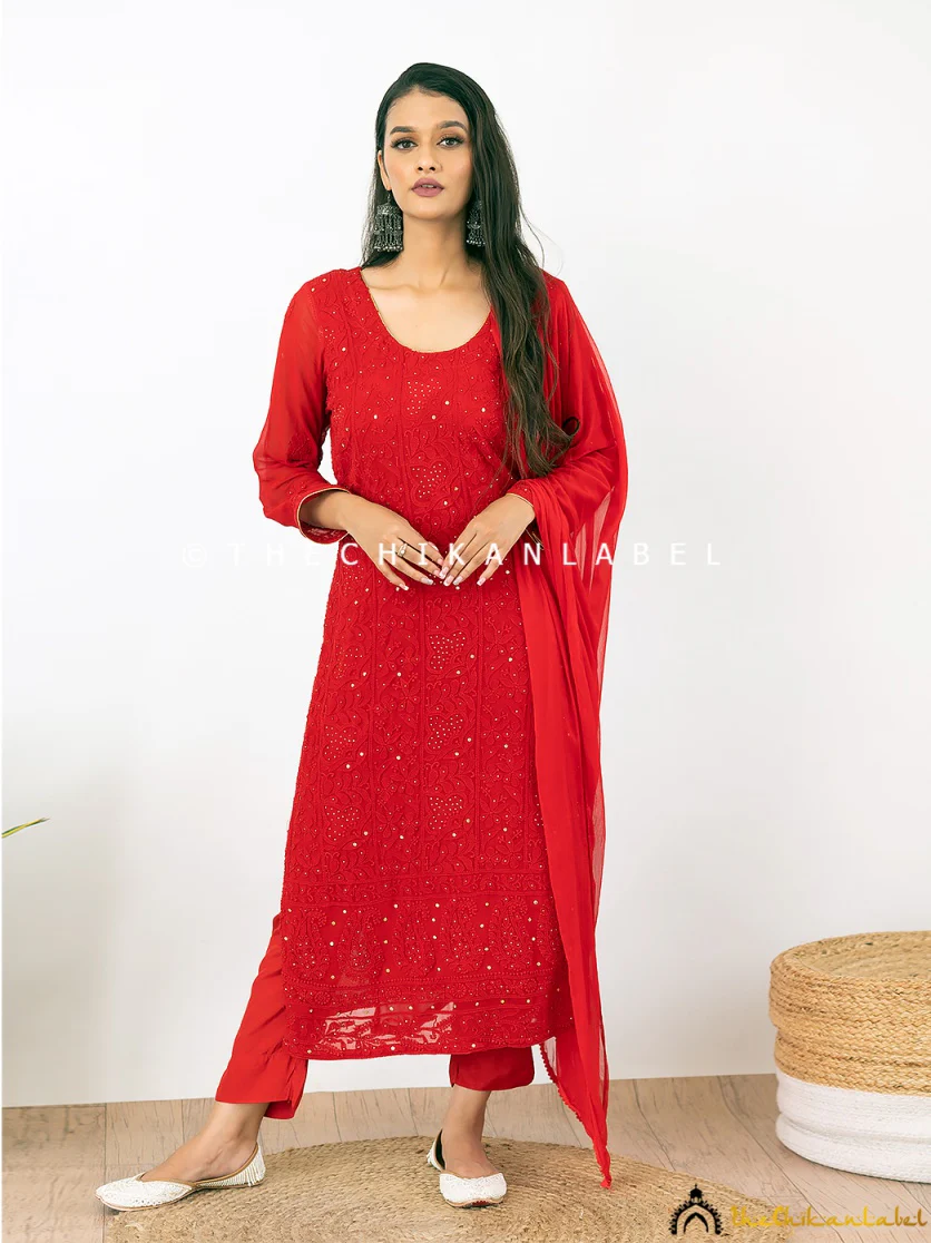 Red Mohini Viscose Chikankari Straight Kurta Set with Dupatta - Image 3