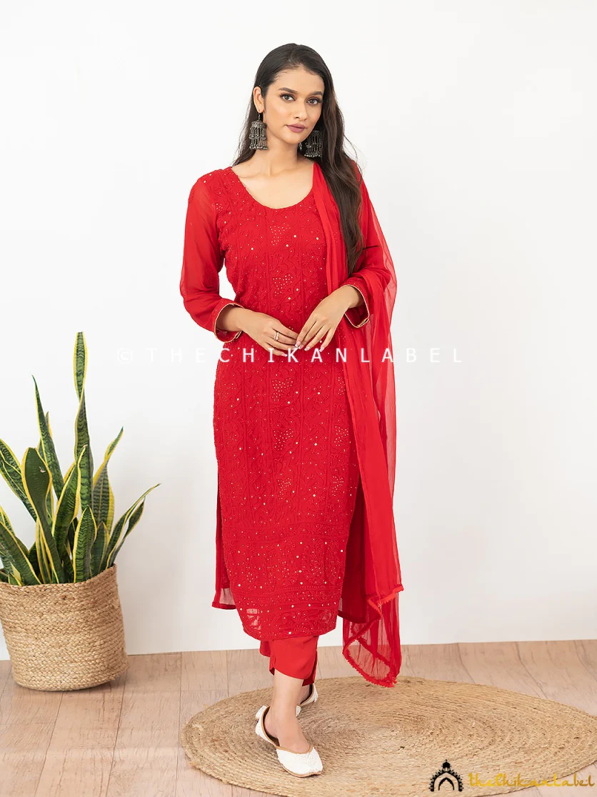 Red Mohini Viscose Chikankari Straight Kurta Set with Dupatta - Image 4
