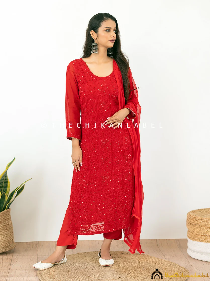 Red Mohini Viscose Chikankari Straight Kurta Set with Dupatta - Image 5