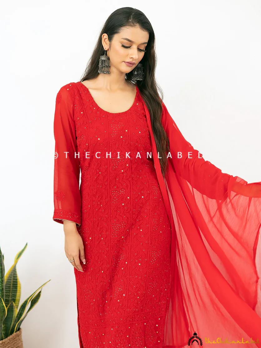 Red Mohini Viscose Chikankari Straight Kurta Set with Dupatta - Image 6