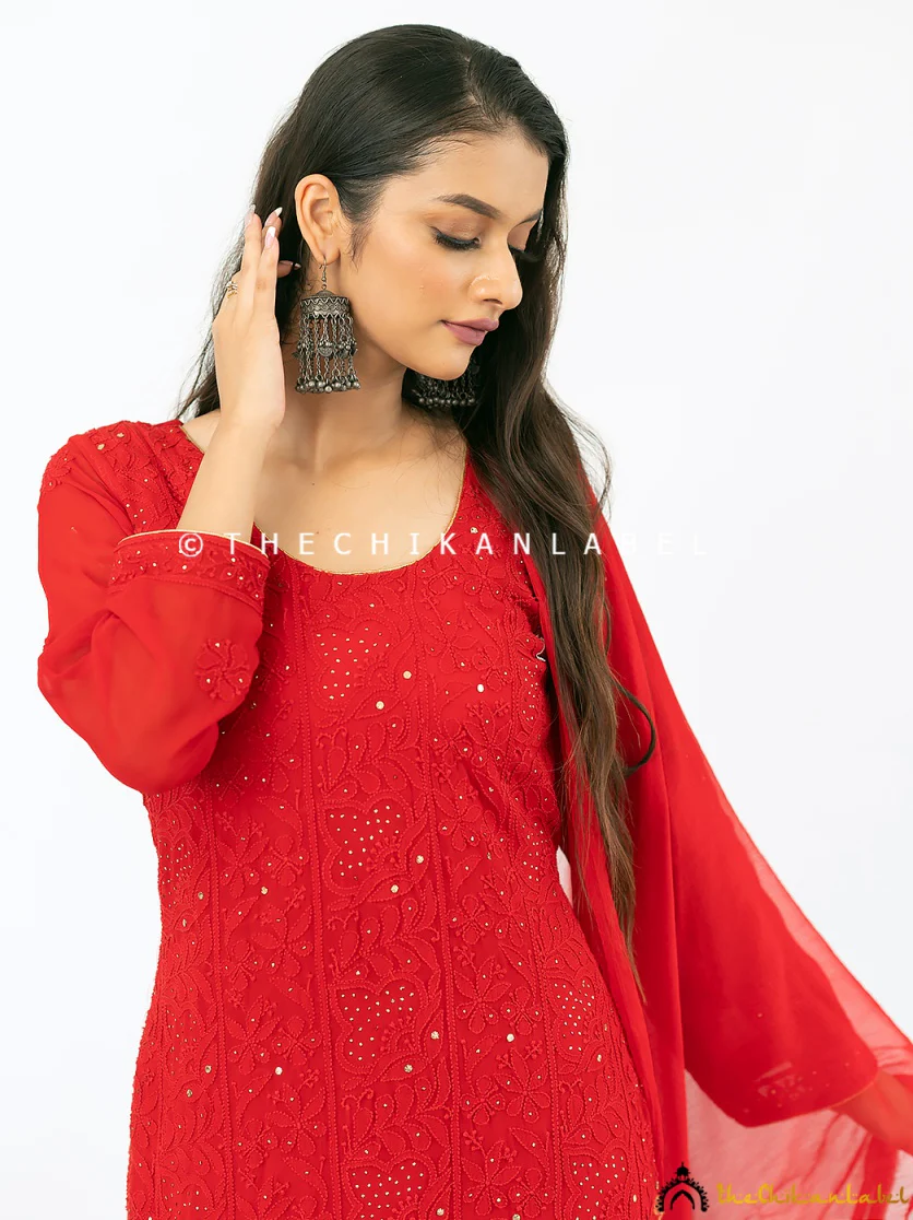 Red Mohini Viscose Chikankari Straight Kurta Set with Dupatta - Image 7