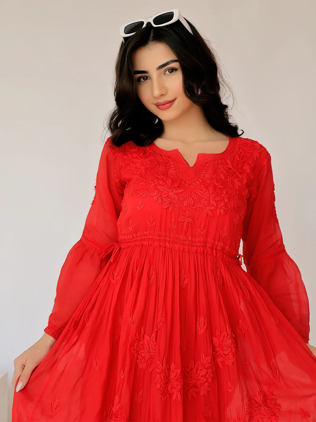 Nisa Mulmul Chikankari A-Line Kurti- Red - Image 2