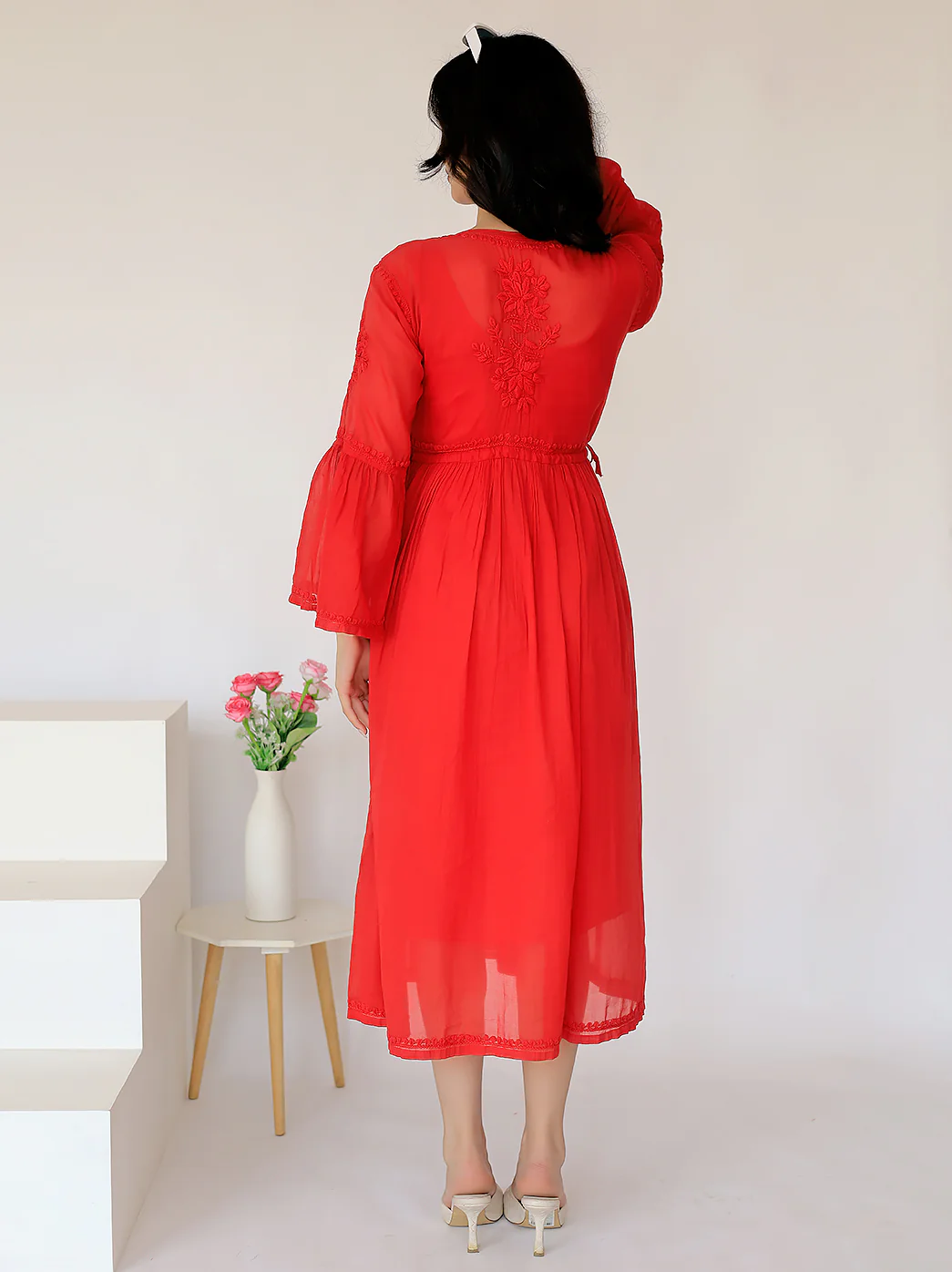 Nisa Mulmul Chikankari A-Line Kurti- Red - Image 3