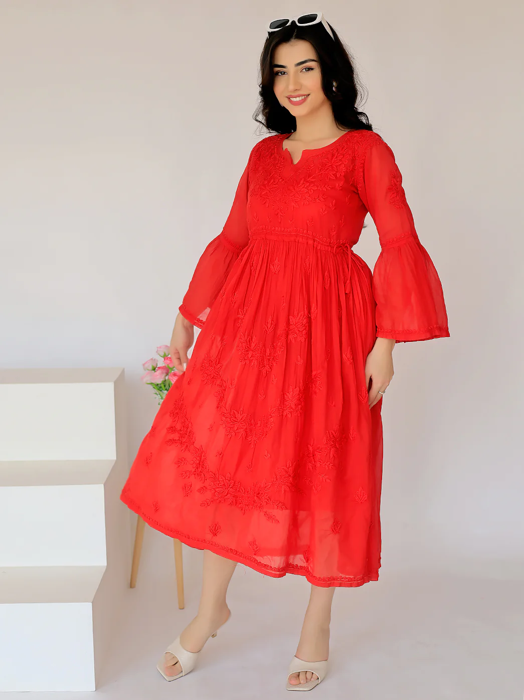 Nisa Mulmul Chikankari A-Line Kurti- Red - Image 4