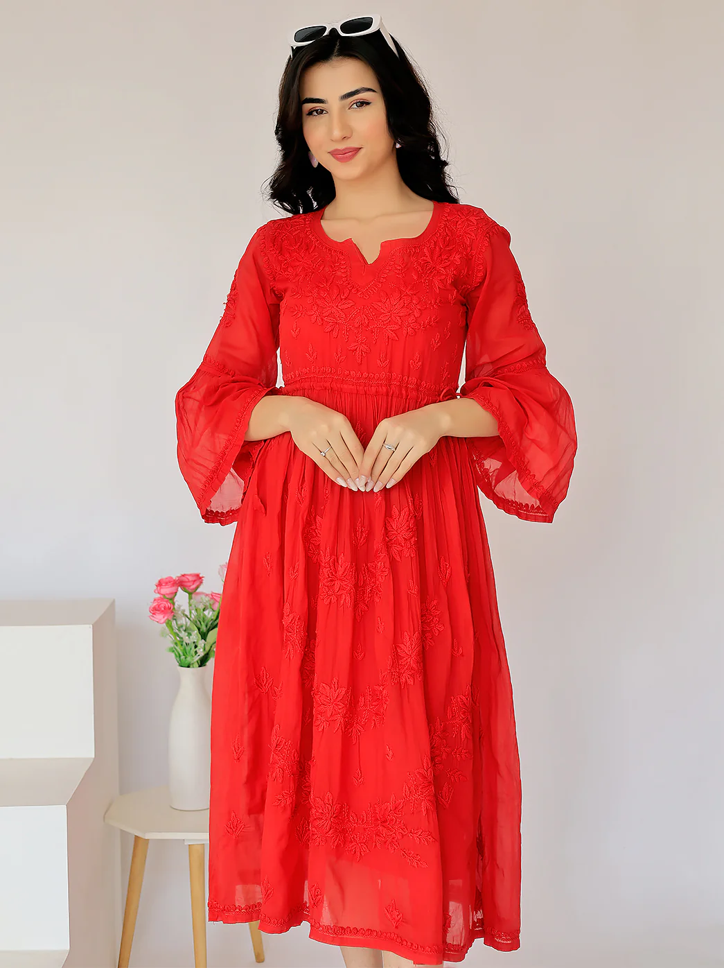 Nisa Mulmul Chikankari A-Line Kurti- Red - Image 5