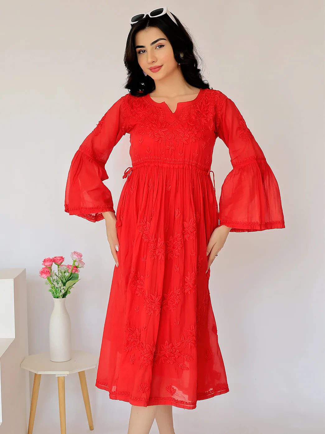 Nisa Mulmul Chikankari A-Line Kurti- Red - Image 6