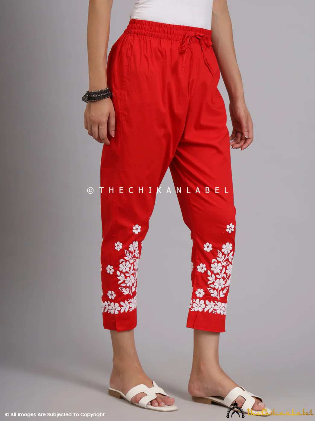 Nuha Lycra Straight Chikankari Cigarette Pant - Red - Image 3