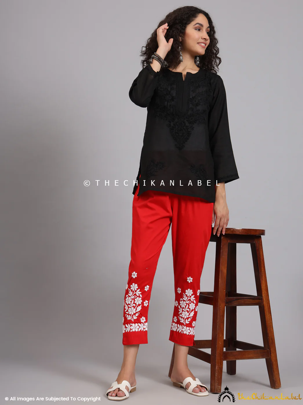 Nuha Lycra Straight Chikankari Cigarette Pant - Red - Image 7