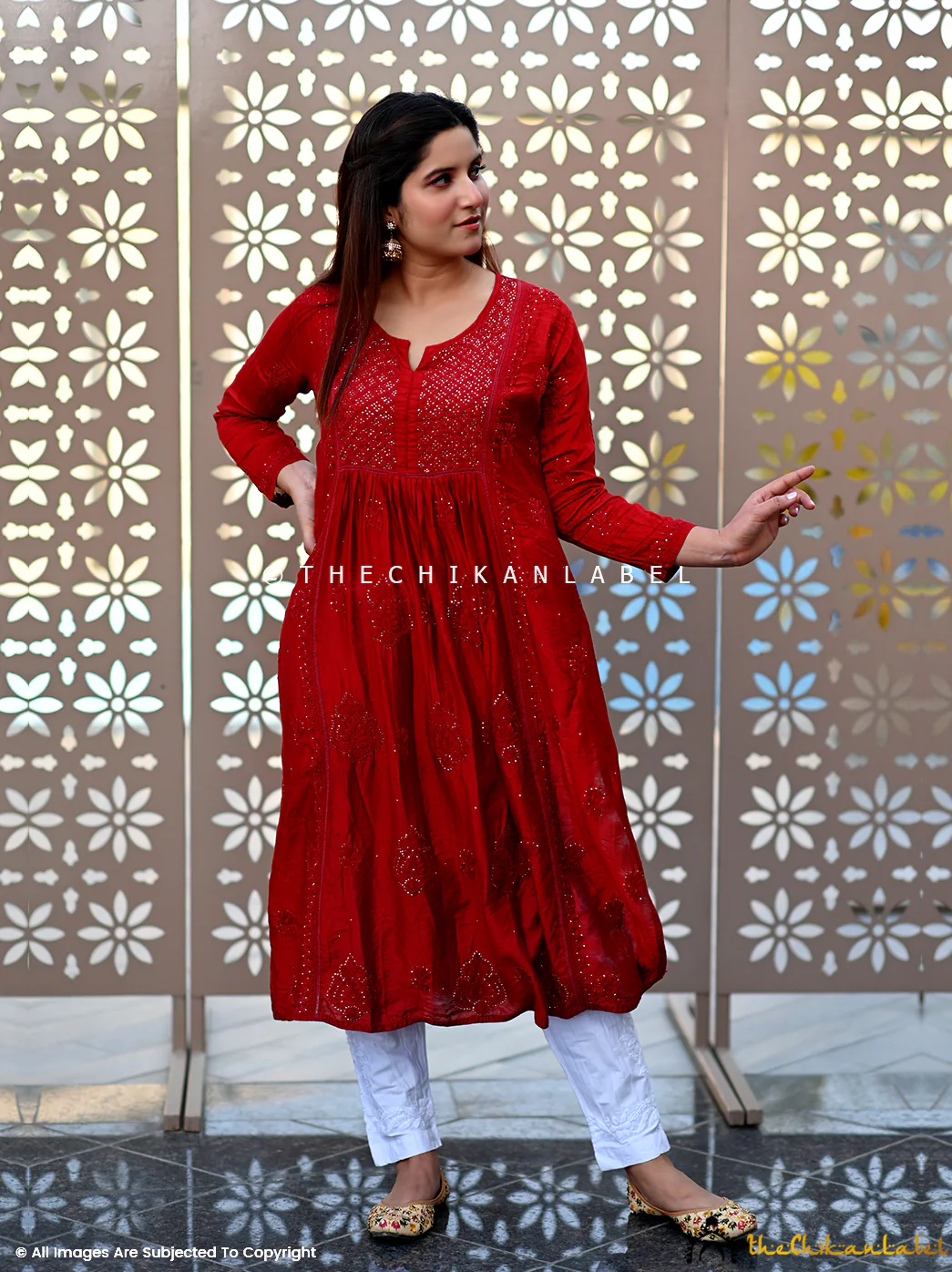 Red Rooh Chanderi Chikankari A-Line Kurti - Image 3