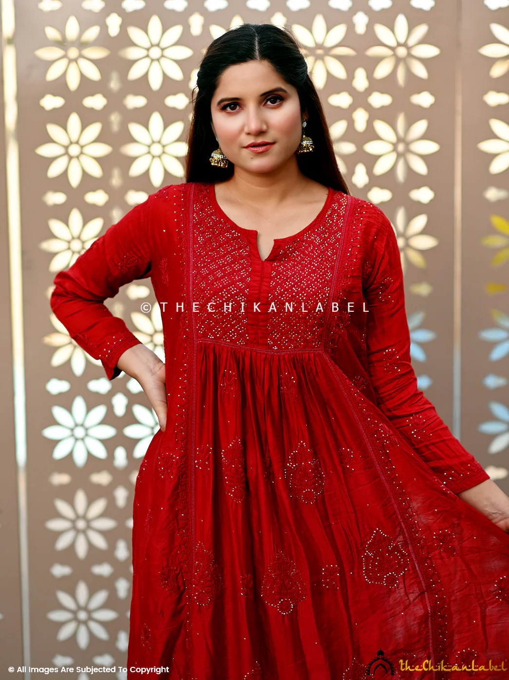 Red Rooh Chanderi Chikankari A-Line Kurti - Image 4